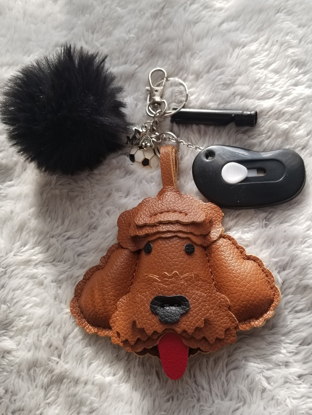 Brown Faux Leather Dog Face Keychain Charm with Red Tongue